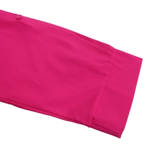 Detail of rose red long sleeve cuff with button tab and clean stitching finish