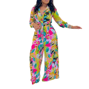 Ensemble 2 pièces pour femme à imprimé floral tropical avec chemise nouée et pantalon