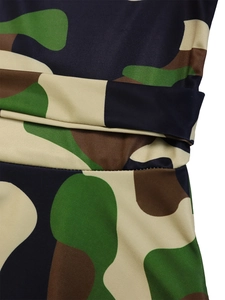 Detail of camouflage print fabric featuring navy and green tones with quality stitching