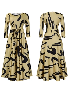 Front and back view of long-sleeved midi dress with abstract print and waist tie belt