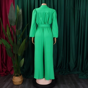 Back view of green long sleeve wide leg jumpsuit with waist belt and pleat details