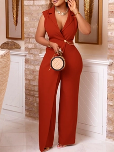 Eleganter Ärmelloser Jumpsuit Für Damen Reverskragen Tiefer V-Ausschnitt Metallkette Hohe Taille Weites Bein Romper Party Büro