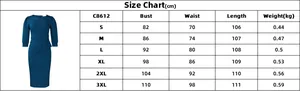 Detailed size chart for elegant solid color round neck bodycon dress showing cm and kg