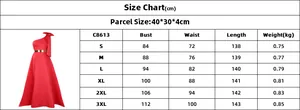 Detailed size chart for elegant one-shoulder maxi dress with golden waist belt detail