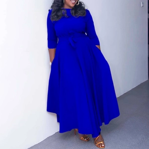 Elegant royal blue long sleeve maxi dress with waist tie and round neck for women