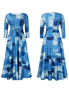 Detailed front and back view of long sleeve floral print dress with a waist tie bow