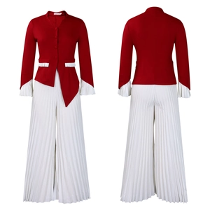 Front and back view of red flare sleeve top and white pleated wide-leg pants set