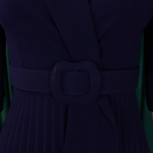 Détail d'une robe violet foncé avec ceinture à boucle carrée et jupe plissée élégante