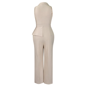 Rear view of a beige sleeveless jumpsuit with a chic peplum waist and wide-leg trousers