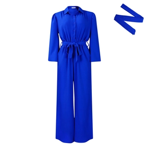 Detail of royal blue long sleeve jumpsuit with shirt collar, waist belt and wide leg cut