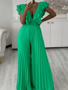 Combinaison Élégante Femme Col en V Profond à Volants Plissée Jambe Large Taille Haute Sans Manches Fête Vacances