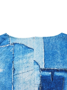 Detail of blue abstract print dress neckline with high-quality invisible zipper closure