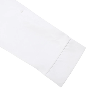 Macro view of white long-sleeve shirt cuff with a fine resin button and stitching detail