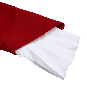 Detailed close-up of dark red flared sleeves with white pleated inner cuff layering