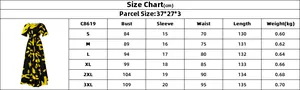 Detailed size chart for short-sleeved African print maxi dress with specific measurements