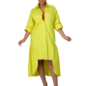 Close-up of bright yellow button-down dress with high-low hem and collared neckline