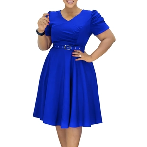 Vue détaillée d'une robe bleue à col en V avec manches bouffantes et jupe plissée