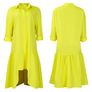 Detail of neon yellow loose long-sleeve dress with ruffled hem and button-down collar