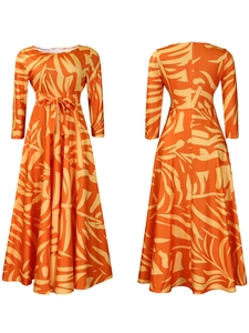 Front and back detail of long sleeve maxi dress with orange tropical leaf print and belt