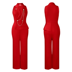 Front and back detail of red sleeveless jumpsuit with chain and lapel collar