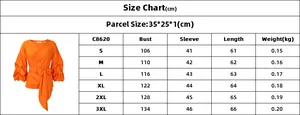 Detailed size chart for women's V-neck puff sleeve blouse with chest and length measurements