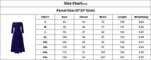 Detailed size chart for elegant A-line midi dress with measurements from S to 5XL
