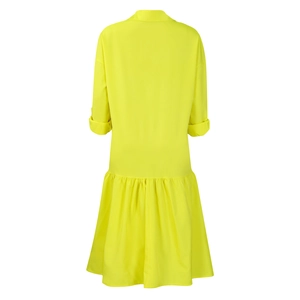 Back view of a yellow loose long sleeve shirt dress with tiered ruffle hem and crisp fabric