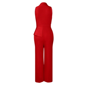 Detail of red sleeveless jumpsuit showing back view with lapel collar and ruffle waist