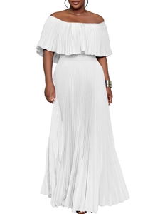 Elegantes weißes schulterfreies Maxikleid mit Plissee, hoher Taille und bodenlangem Rock