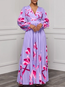 Elegante Abito Maxi a Maniche Lunghe con Scollo a V e Stampa Floreale da Donna Vita Alta Maniche a Lanterna Pieghe Abito da Festa