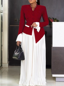 Elegant wine red flared sleeve top and white pleated wide-leg pants two-piece set