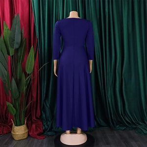 Back view of royal blue long sleeve maxi dress with back zipper and flared skirt
