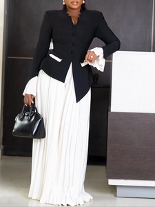 Elegant two-piece set featuring a black flared sleeve blazer and white pleated wide-leg trousers