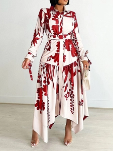 Robe Chemise à Manches Longues à Imprimé Floral pour Femme Avec Ceinture Ourlet Asymétrique Robe Midi Élégante pour Printemps Été Automne