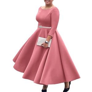 Pink evening dress featuring a round neck long sleeve design and a rhinestone waist belt