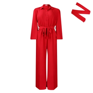 Detail of red long sleeve jumpsuit showing collared neckline and fabric waist belt