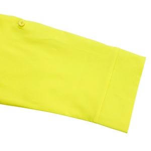 Detailed macro shot of fluorescent yellow sleeve cuff with matching round buttons and stitching