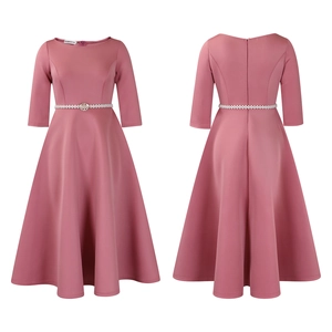 Front and back view of elegant mauve A-line dress with pearl rhinestone belt details