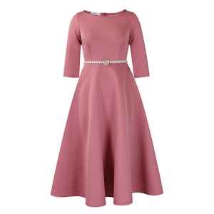 Detail of pink A-line dress with elegant pearl flower belt and mid-sleeves