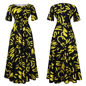 Front and back detail of a black maxi dress with yellow abstract geometric prints