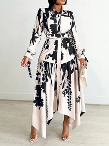 Robe chemise élégante imprimée à manches longues avec ourlet asymétrique et ceinture