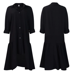 Detail view showing front and back of black long sleeve shirt dress with ruffled hemline