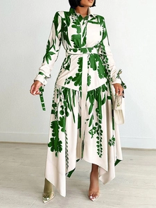 Robe chemise chic à manches longues avec imprimé feuilles vertes et ourlet irrégulier