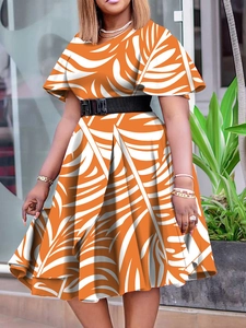 Robe Midi Élégante pour Femmes avec Col en V Manches Volantées Imprimé Géométrique Abstrait Taille Haute Trapèze avec Ceinture
