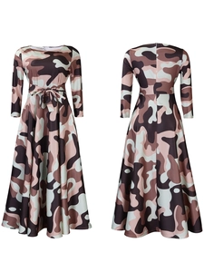 Front and back view of long sleeve camouflage maxi dress with high waist tie detail