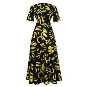 Back view of a short-sleeve A-line dress featuring yellow abstract African prints on black