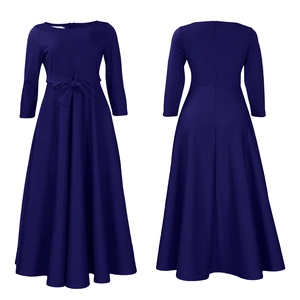 Front and back view of dark blue long sleeve A-line maxi dress with waist bow belt