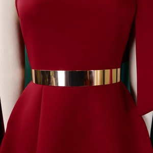 Detail of the metallic gold mirror belt accenting the waist of a dark red formal dress