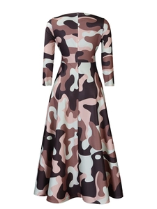Detailed view of the camouflage print dress featuring a full A-line floor-length skirt