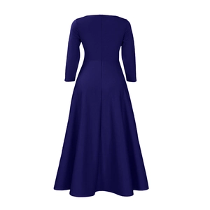 Rear view of an elegant purple A-line midi dress featuring an invisible back zipper detail